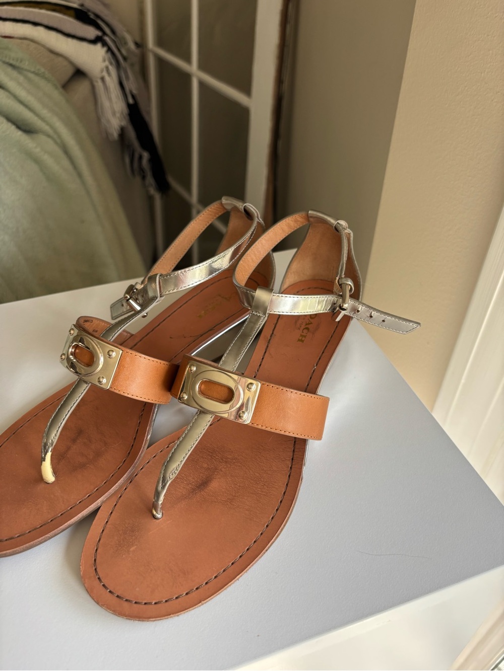 Coach Tan Leather T-Strap Sandals with Metallic Silver Accents